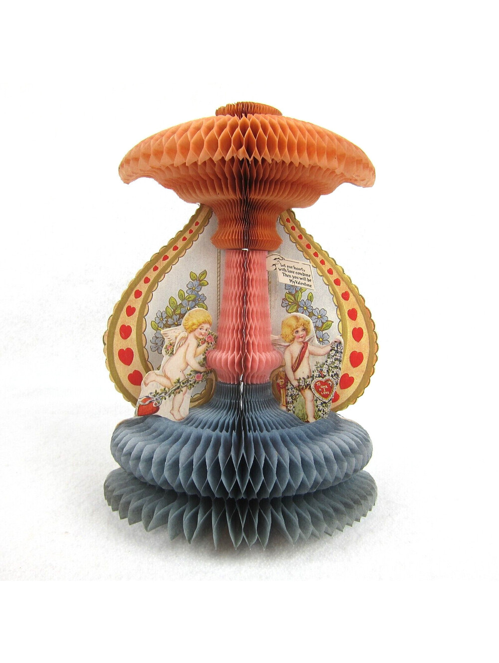 Antique Valentine Honeycomb 3D Pop Up Blonde Cupid Angels Hearts LARGE UNSIGNED